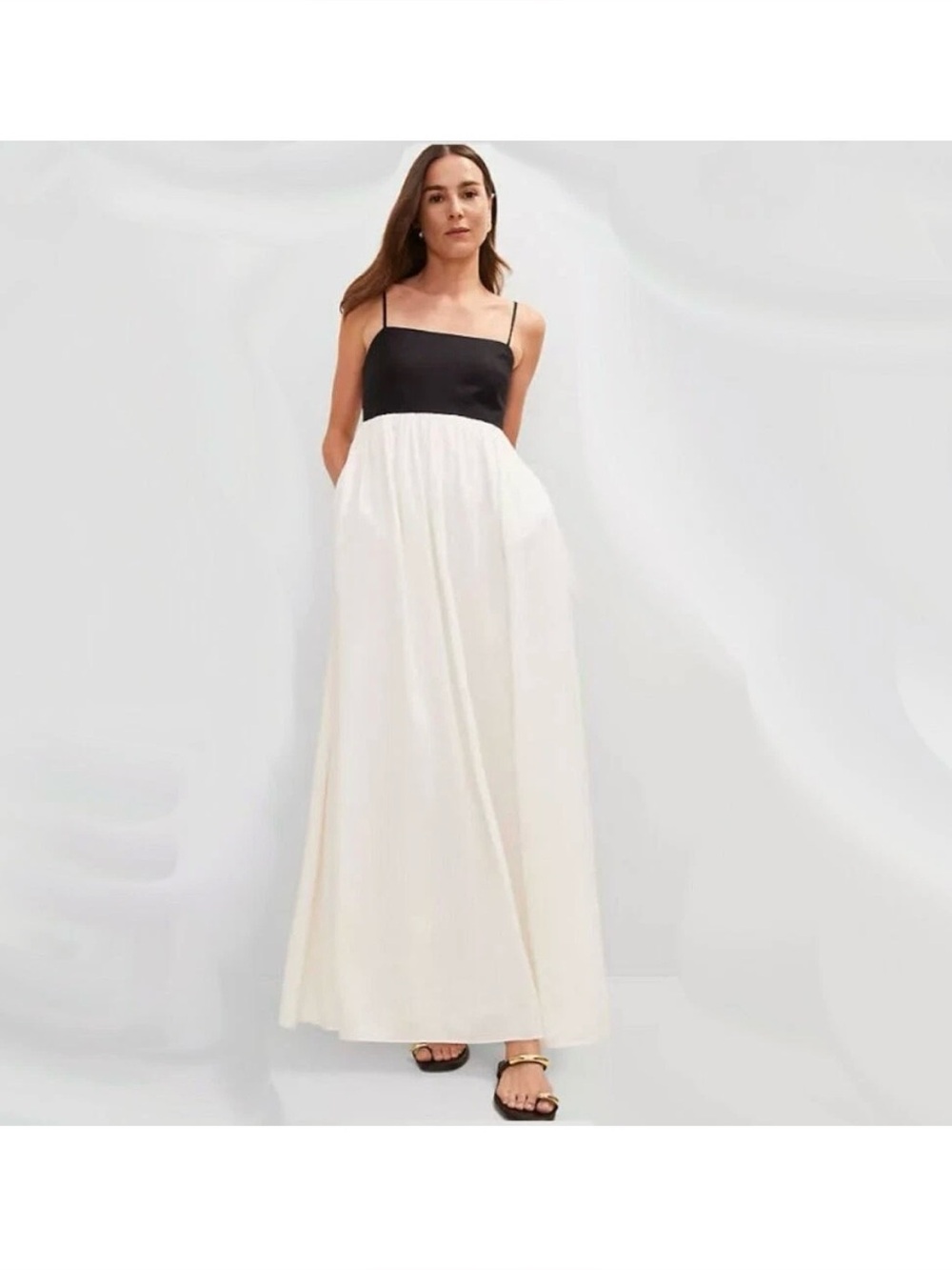 NWT Ann Taylor Women's Black & White Linen Blend Maxi Dress pockets sz 00P